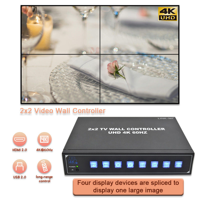 Procesor ścian wideo 4K HDMI 2X2 obsługuje wyświetlacz USB Auto dla 4 telewizorów UHD 4K 60Hz LED Video Wall